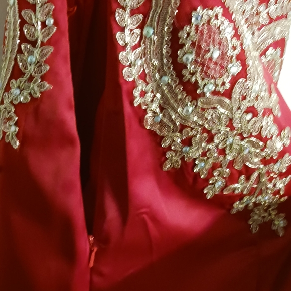 Gorgeous RED Gown with gold brocade overlaid lace  Size 10 - Picture 6 of 6